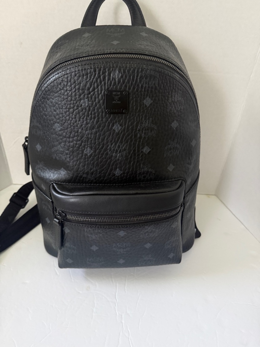 MCM Black Logo-Print Pebbled Leather Backpack